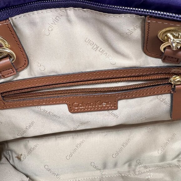 Calvin Klein Quilted Tote Bag Purple Chain Leather Handles Gold Hardware Preppy - Picture 13 of 14